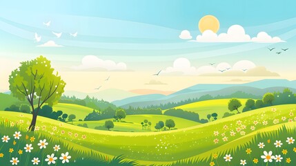 Obraz premium Landscape countryside nature background with sky, green trees, hill and meadow, vector illustration flat design. 