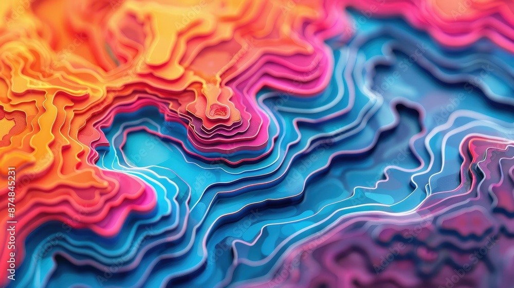 Poster vibrant abstract art resembling a topographical map, with bold contour lines in a colorful compositi