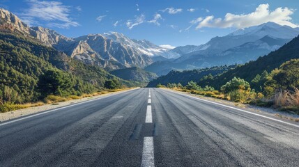 Fototapeta premium An Empty Asphalt Road Stretched Against A Backdrop Of Majestic Mountains