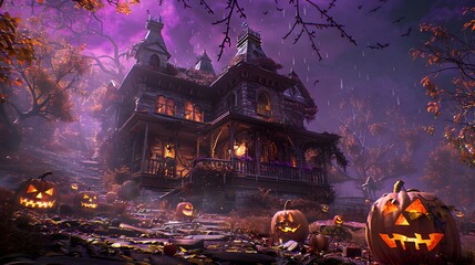 Fototapeta premium Creepy old haunted house with pumpkins on Halloween night