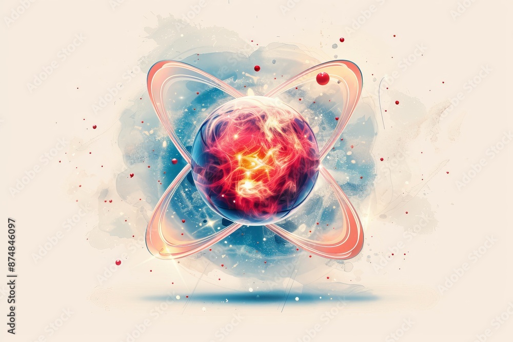 Poster abstract atomic explosion with colorful elements, representing scientific innovation and dynamic ene