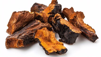 Chunks of Chaga fungus on a plain background.