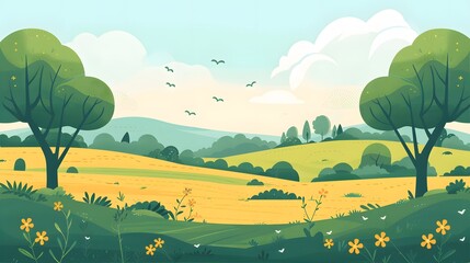 Landscape countryside nature background with sky, green trees, hill and meadow, vector illustration flat design. 