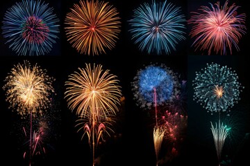 Assortment of vibrant celebratory eight pyrotechnics bursting in dark sky against black backdrop.