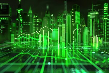 Futuristic hi tech, mechanical technology skyline with a chart on neon green city background - 3D motion graphics animation
