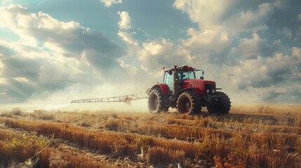 Fototapeta premium Red Tractor Spraying Crops in a Field