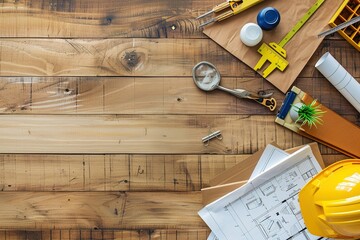 Fototapeta premium gold lay top view desk work table with Blueprint drawing,Yellow Helmet,architect design stationary and house model mock up in Engineer Architect concept includes copyspace for add text or graphic