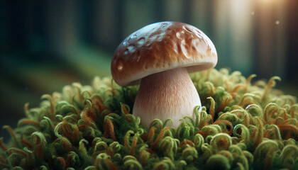 Realistic photo of a single mushroom sitting on top of moss covered ground. Perfect for nature and mushroom enthusiasts