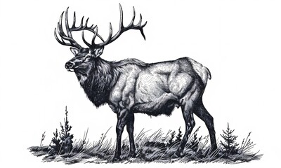 Detailed illustration of a hand-drawn elk or moose in an engraved style.