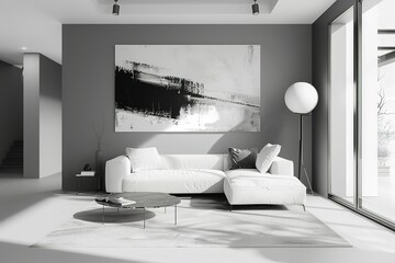 modern conceptual black and white painting on grey empty wall of contemporary living room stylish interior