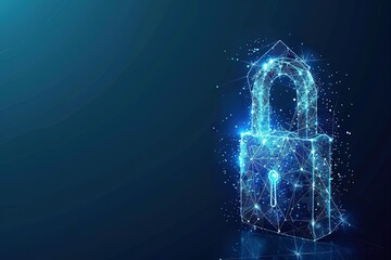 modern conceptual closed lock without key on bright blue background. Protect or security symbol composed of polygons. Low poly elegant design of a starry sky or Comos,