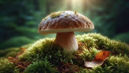 Fototapeta premium Realistic photo of a single mushroom sitting on top of moss covered ground. Perfect for nature and mushroom enthusiasts