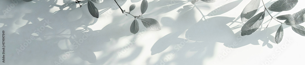 Poster abstract shadows of leaves on a white background banner with copy space, a mockup for product presen