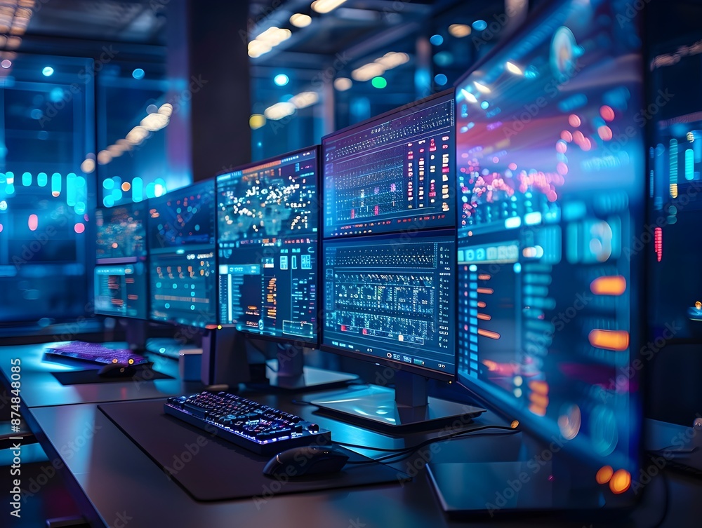 Poster futuristic quantum computing control room with intricate screens showcasing algorithms and technique