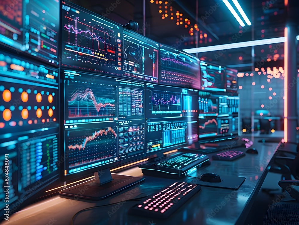 Poster futuristic quantum computing control room with vibrant digital displays and algorithms