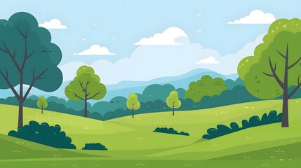 Naklejka premium Landscape countryside nature background with sky, green trees, hill and meadow, vector illustration flat design. 