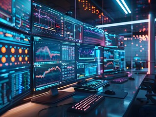 Futuristic Quantum Computing Control Room with Vibrant Digital Displays and Algorithms