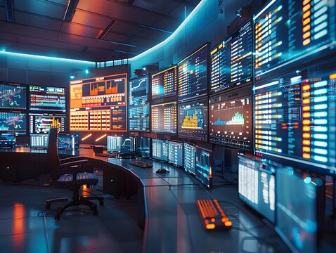 Futuristic Quantum Computing Control Room with Screens Displaying Algorithms and Techniques