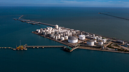 Aerial view oil and gas depot industrial facility for storage logistic petrochemical product, Crude...