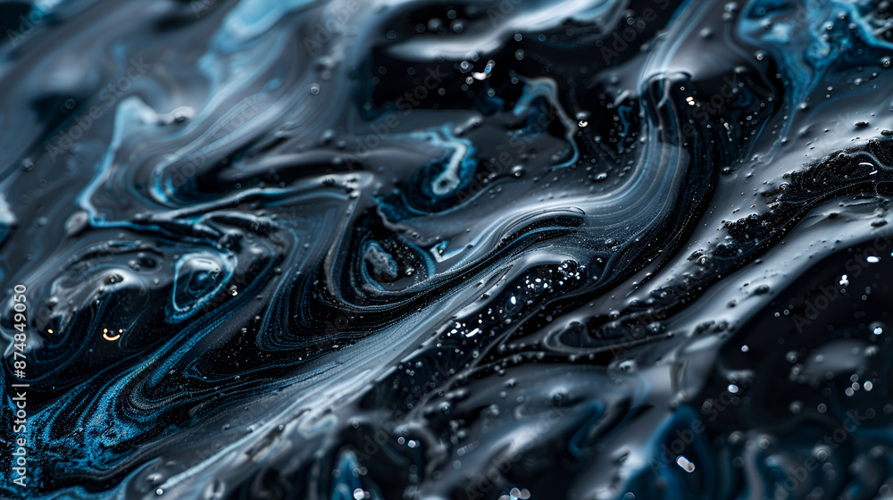 Poster an exquisite close-up view of blue fluid art, showcasing swirling and flowing patterns with a glossy