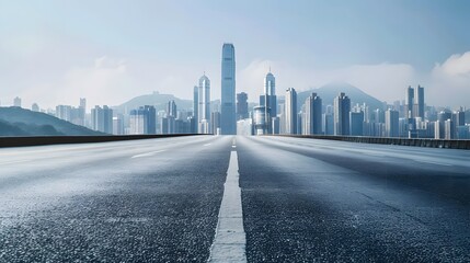 Fototapeta premium Empty wide asphalt road and city skyline. Side asphalt tarmac floor with buildings and modern cityscape. 