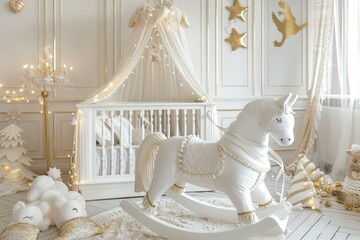 White wooden rocking horse, crib and nursery in stylish scandinavian baby room stylish interior with white and gold accents, real photo
