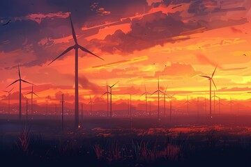 Obraz premium Wind turbines farm at beautiful orange sunset.