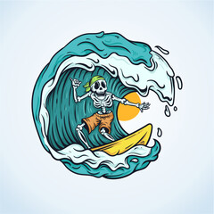 funny skeleton surfing vector illustration with sun and beach vibes.