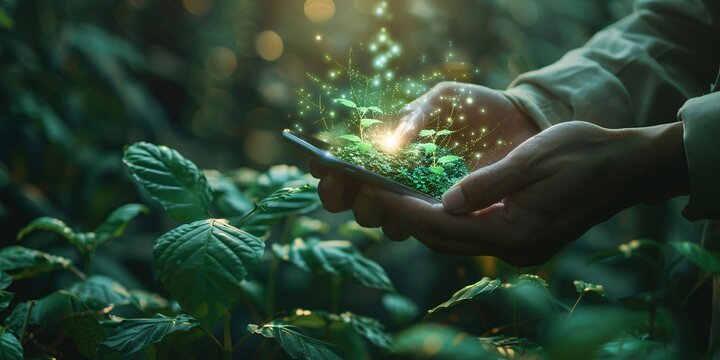 A savvy farmer using a mobile device and digital interface to manage and optimize agricultural production through advanced technology and AI.