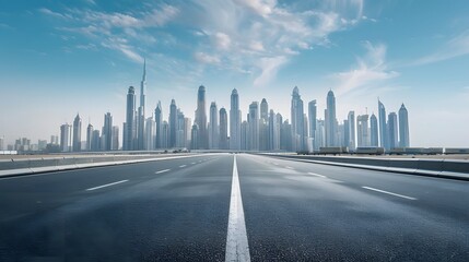 Obraz premium Empty wide asphalt road and city skyline. Side asphalt tarmac floor with buildings and modern cityscape. 