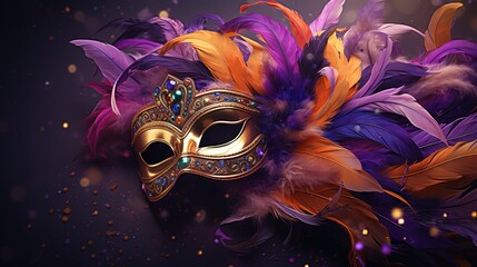 Venetian masquerade mask, confetti and feathers isolated on purple background