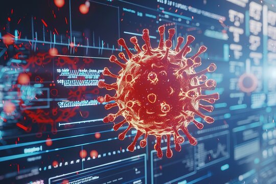 Animation of macro coronavirus Covid-19 cell analyzed on a screen with medical information recording. Global medicine coronavirus Covid 19 pandemic concept digitally generated image.