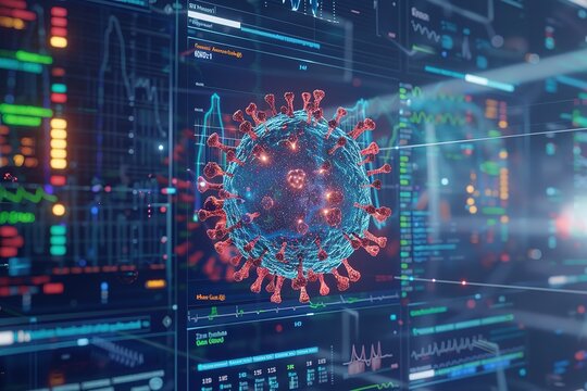 Animation of macro coronavirus Covid-19 cell analyzed on a screen with medical information recording. Global medicine coronavirus Covid 19 pandemic concept digitally generated image. - Powered by Adobe