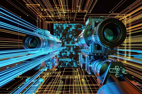 Animation of two scopes scanning and processing data with moving light trails on computer circuit board on black background