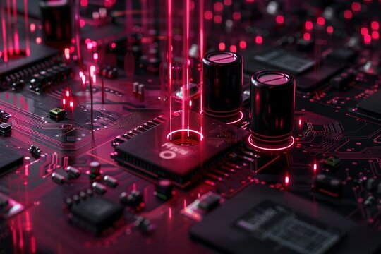 Animation of two scopes scanning and processing data with moving light trails on computer circuit board on black background - Powered by Adobe