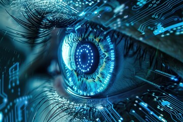 blue eye modern conceptual cyber future hi tech, mechanical technology concept background, design, circuit, binary code. move motion speed. sci-fi