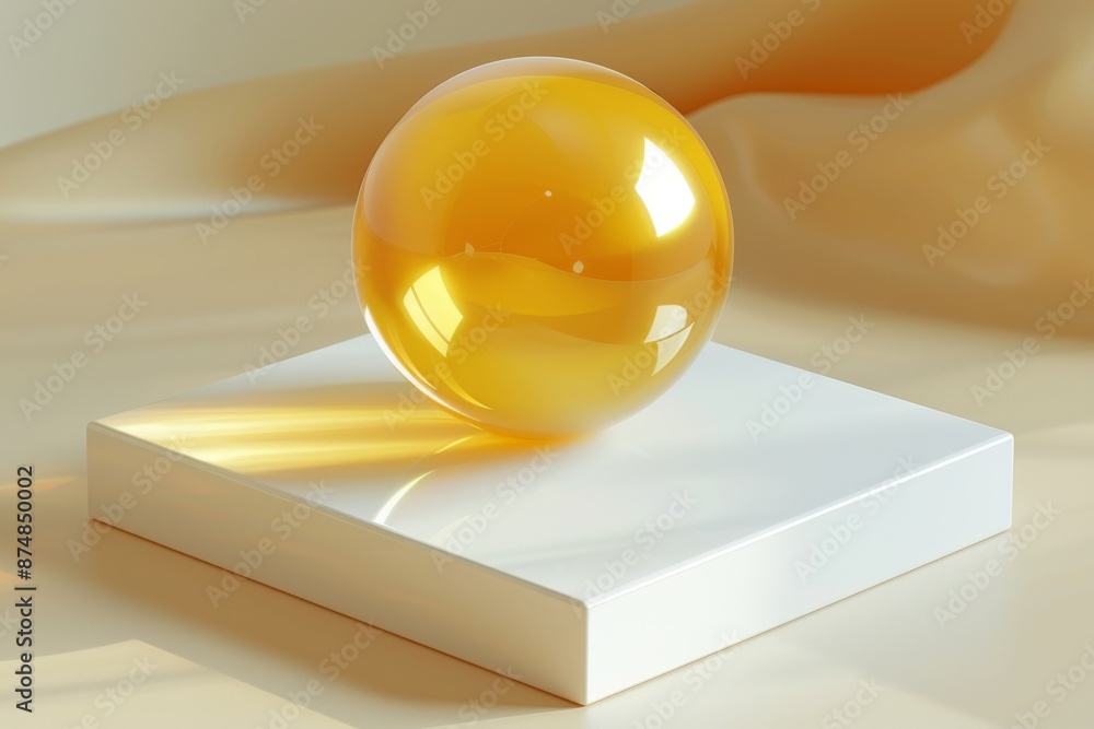 Poster Artistic glowing yellow sphere on a white pedestal, representing creativity and scientific elegance.