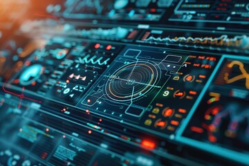 Computer interface with medical data processing against blue background. computer interface and medical research hi tech, mechanical technology concept