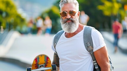 Energetic senior hipster skater enjoying nature park with skateboard and mountain views