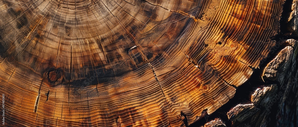 Poster tree trunk cross section showing growth rings and textured wood patterns