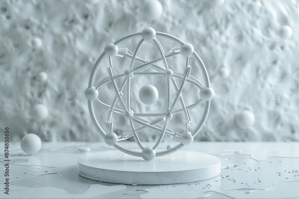 Poster abstract white atomic structure on a textured surface, capturing simplicity and scientific elegance.
