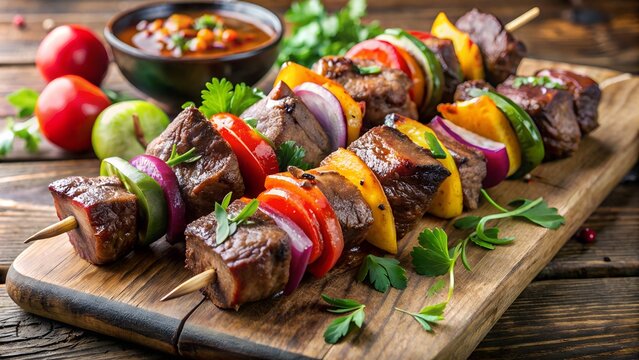 Succulent beef kebabs with grilled vegetables and fresh herbs on a wooden board