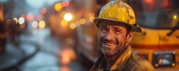 Fototapeta premium A firefighter with a joyful smile showcases his protective helmet and uniform, standing before a fire truck. The light in his eyes reflects hope and dedication to saving lives.