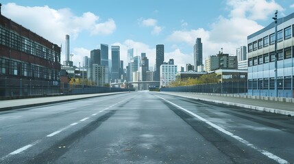 Obraz premium Empty wide asphalt road and city skyline. Side asphalt tarmac floor with buildings and modern cityscape. 