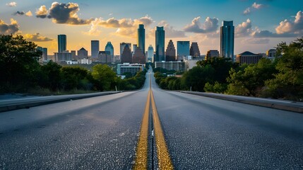 Empty wide asphalt road and city skyline. Side asphalt tarmac floor with buildings and modern cityscape. 