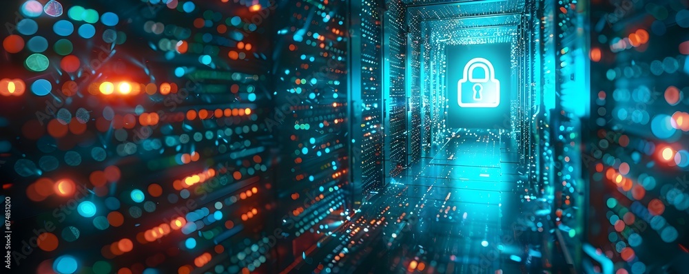 Poster quantum encryption key distribution in secure server room highlighting advancements in cybersecurity