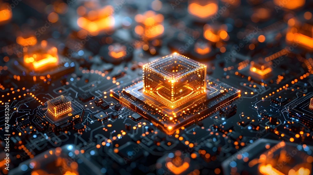 Poster glowing quantum computing hub with interconnected processors forming a powerful network
