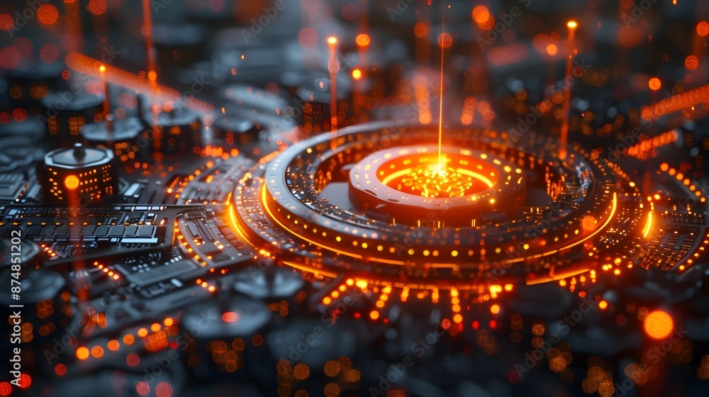 Poster futuristic quantum computing hub with interconnected processors forming a powerful digital network