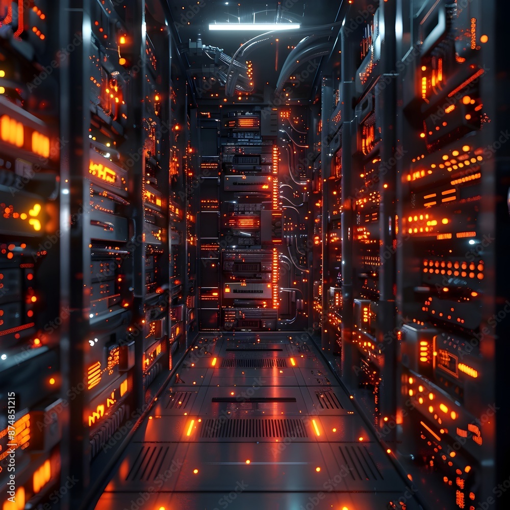 Poster futuristic quantum computer data center with glowing circuits and advanced cooling systems