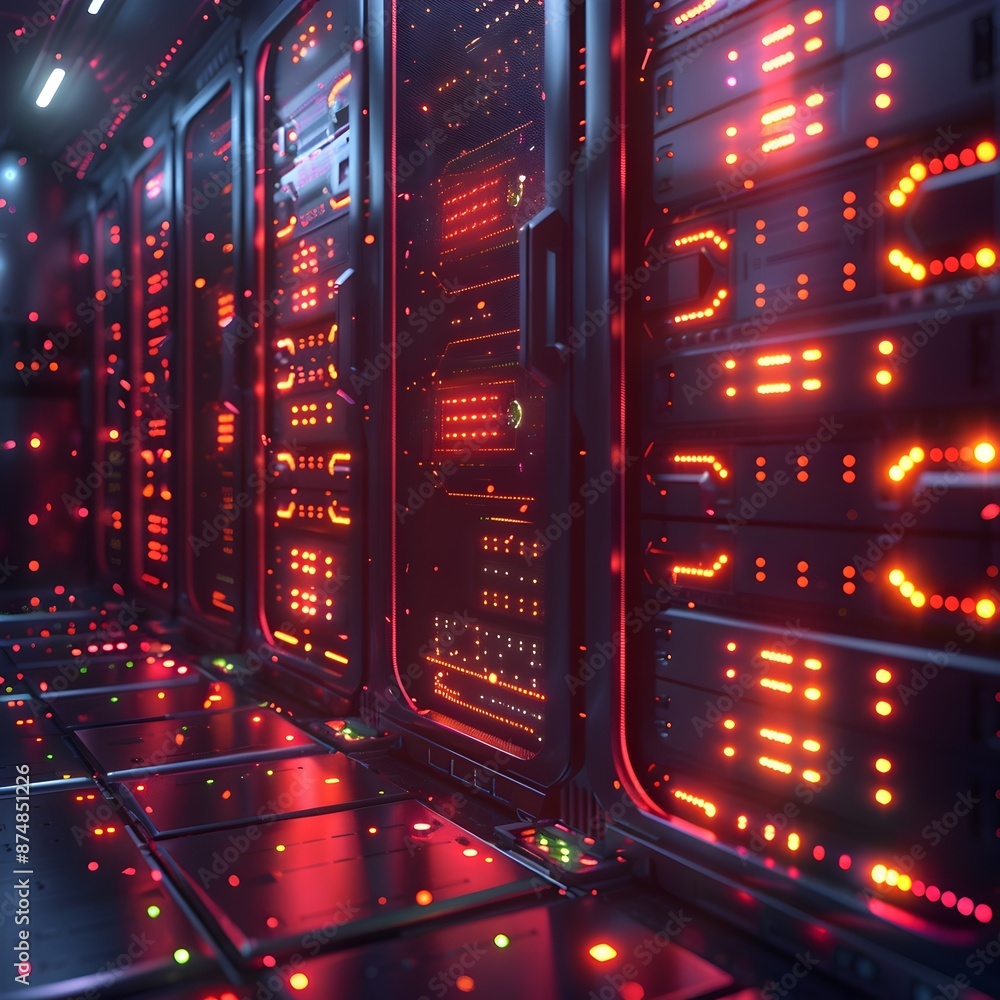 Poster futuristic quantum computer data center with glowing circuits and advanced cooling systems